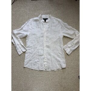shanghai tang mens White Linen Long Sleeve Shirt. Classic Old Money Button Up LG